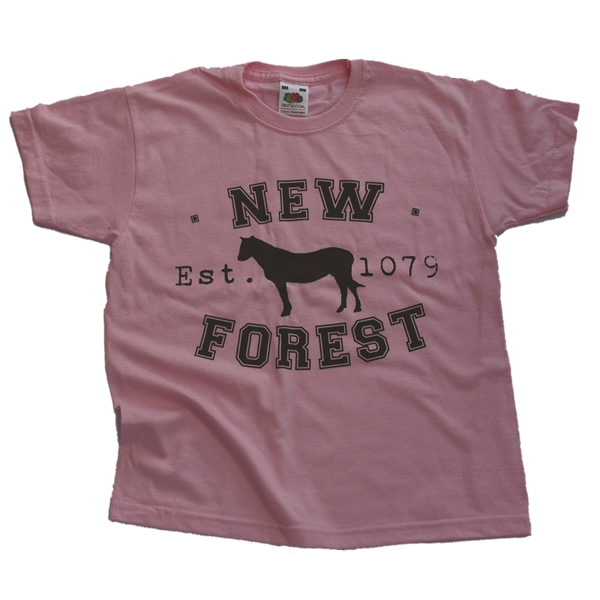 Children's T-shirt - Classic New Forest Pony silhouette (Chestnut brown print on Light Pink T-shirt)