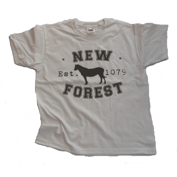 Children's T-shirt - Classic New Forest Pony silhouette (Chestnut brown print on White T-shirt)