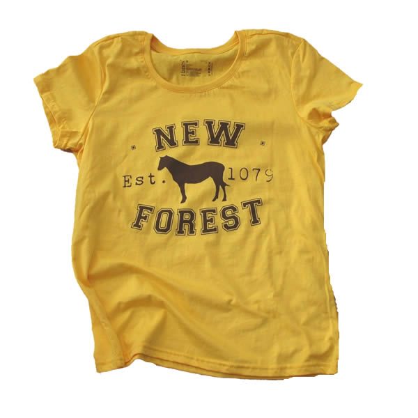 Women's T-shirt - Classic New Forest Pony silhouette (Chestnut brown print on Sunflower T-shirt)